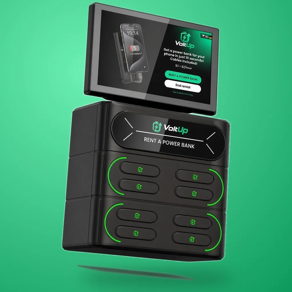VoltUp charging kiosk floating above a glowing green background