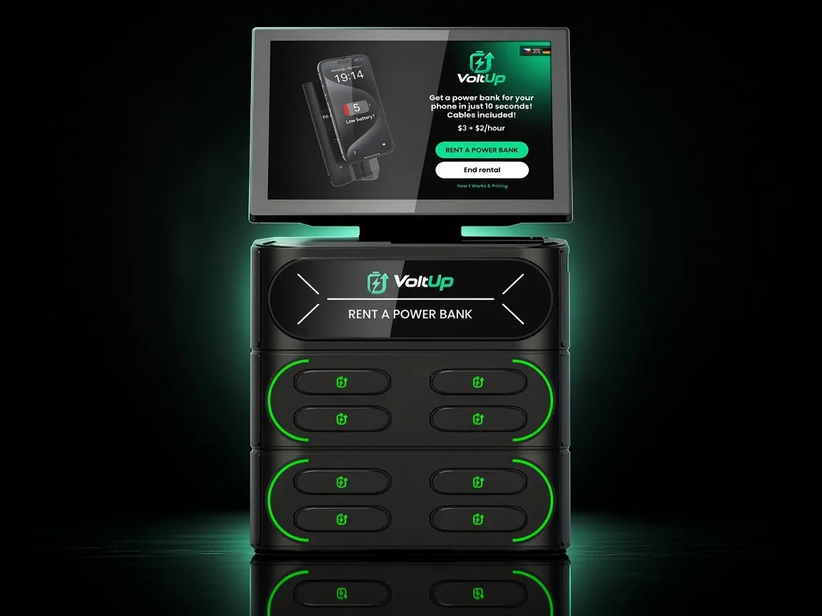 VoltUp charging station, front view with green glow