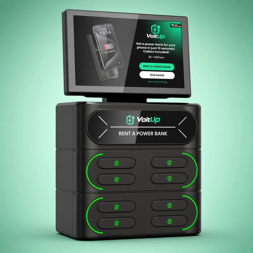Full VoltUp charging kiosk with touchscreen, logo panel and 8 power bank charging slots