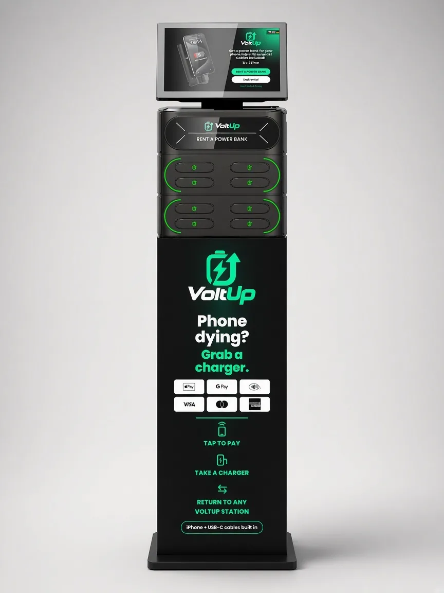 Single VoltUp charging kiosk on a branded floor stand, studio shot